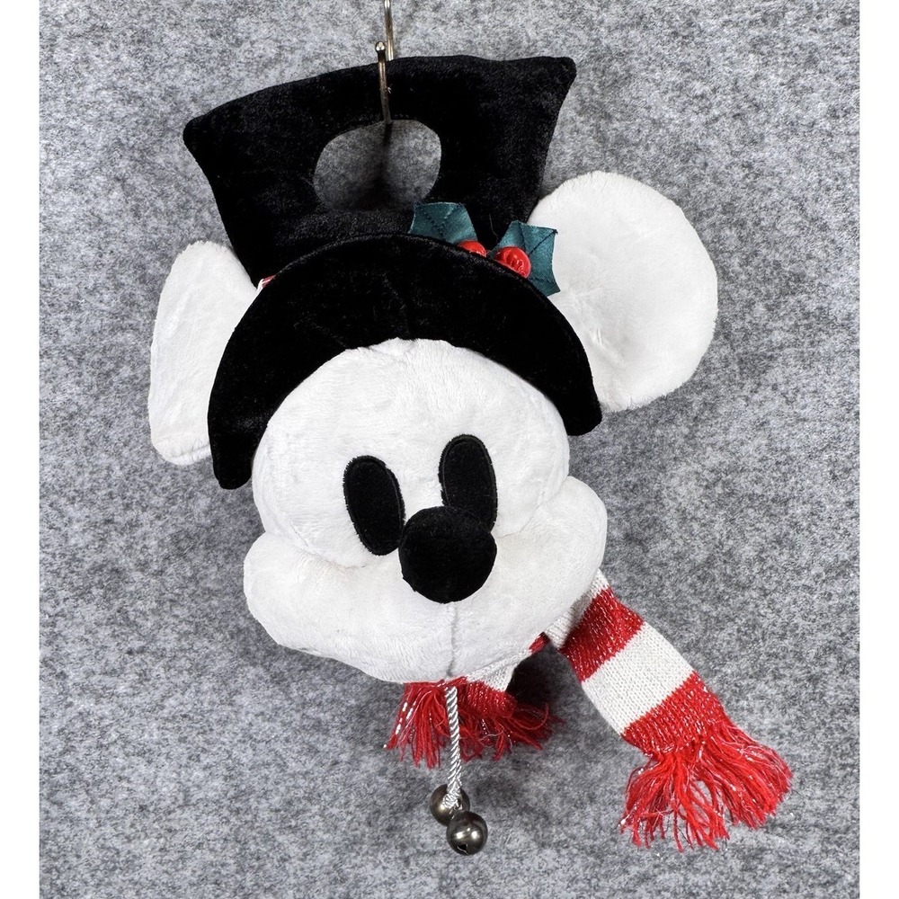 Disney Parks Holiday Collection Plush Snow Mickey Head Door Hanger Scarf Bells